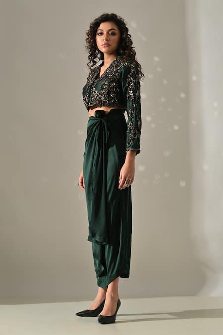 Medha_Emerald Green Satin, Sequins, Hand Embroidered Jacket And Wrap Skirt Set _at_Aza_Fashions