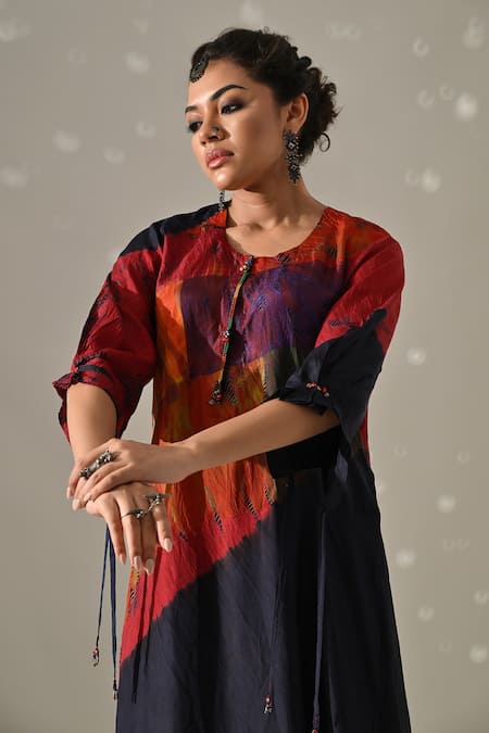 Medha Multi Color Silk, Tissue Patchwork, Beads, Tassels Tie Dye Tunic And Pant Set Online at Aza Fashions Medha_Multi Color Silk, Tissue Patchwork, Beads, Tassels Tie Dye Tunic And Pant Set _Online_at_Aza_Fashions
