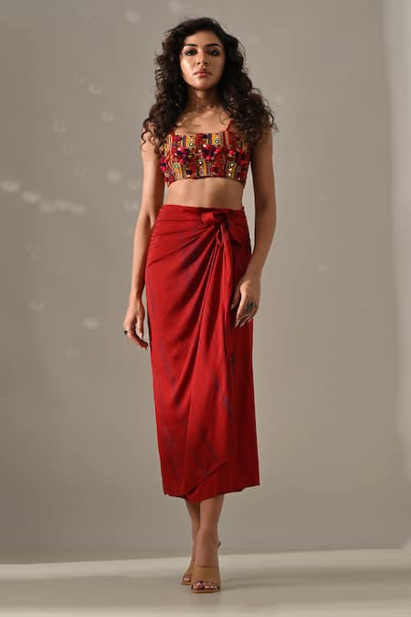 Buy Medha Red Cotton, Satin Embroidery, Mirrors, Pom-poms Square Hand Cape Skirt Set Online at Aza Fashions Buy_Medha_Red Cotton, Satin Embroidery, Mirrors, Pom-poms Square Hand Cape Skirt Set _Online_at_Aza_Fashions