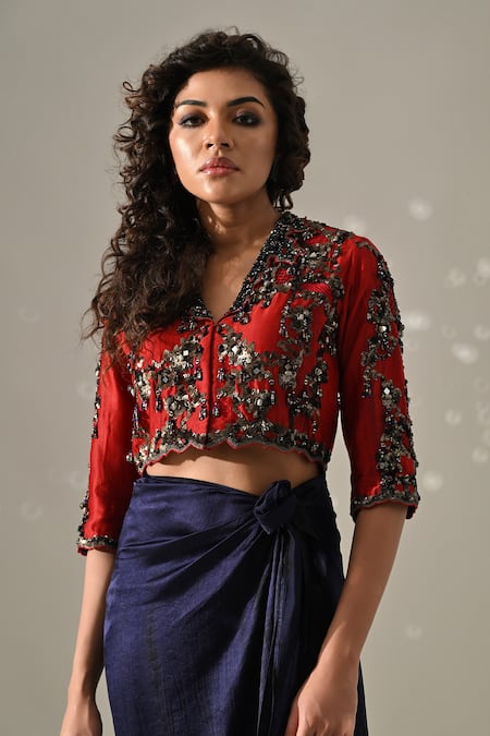 Medha_Red , Satin Sequins, Beads, Hand Embroidered Jacket And Wrap Skirt Set _Online_at_Aza_Fashions