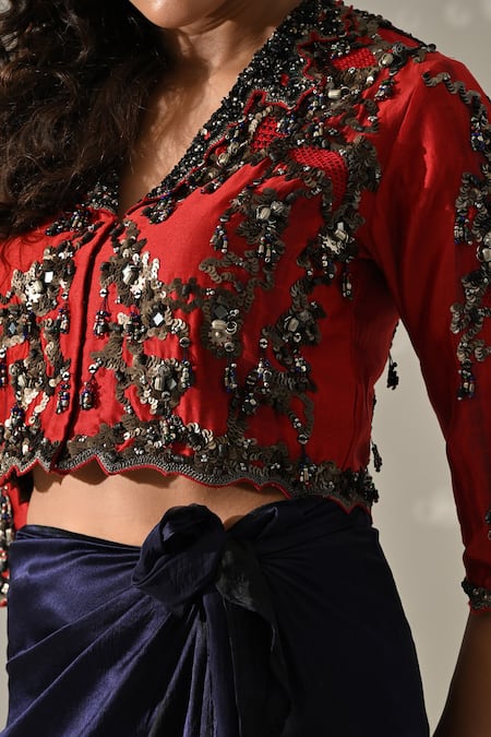 Buy_Medha_Red , Satin Sequins, Beads, Hand Embroidered Jacket And Wrap Skirt Set _Online_at_Aza_Fashions