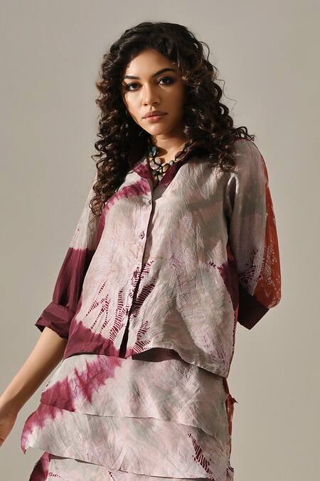 Buy_Medha_Grey Silk Collared Tie-dyed Shirt And Tiered Skirt Set _Online_at_Aza_Fashions