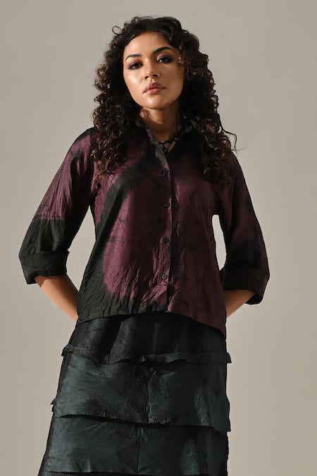 Shop_Medha_Purple Silk Collared Tie Dyed Shirt And Tiered Skirt Set _Online_at_Aza_Fashions