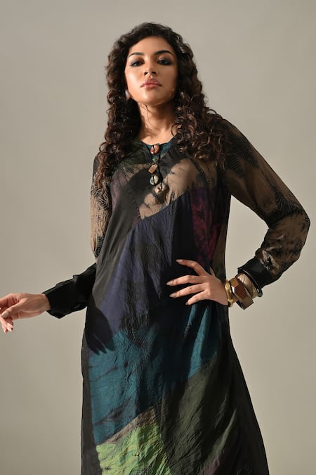 Buy_Medha_Black Silk Patchwork Round Neck Tie-dyed Tunic And Palazzo Set _Online_at_Aza_Fashions