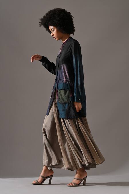 Medha_Black Silk Patchwork, Lace Mandarin Collar Tie Dye Tunic And Flared Skirt Set _Online_at_Aza_Fashions