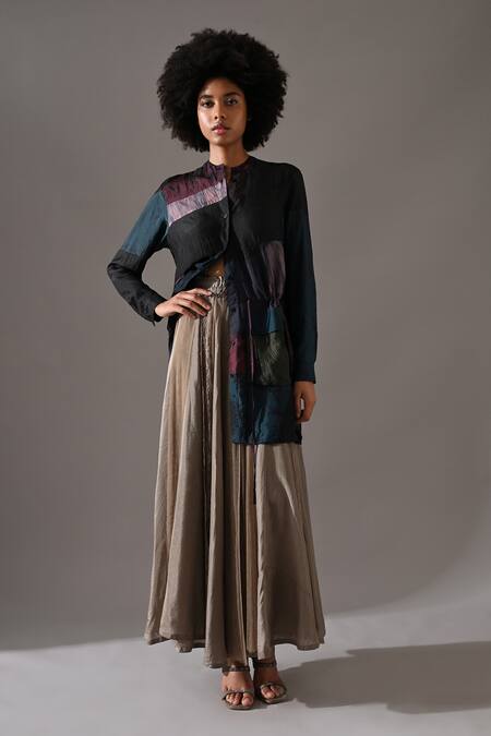 Buy_Medha_Black Silk Patchwork, Lace Mandarin Collar Tie Dye Tunic And Flared Skirt Set _Online_at_Aza_Fashions