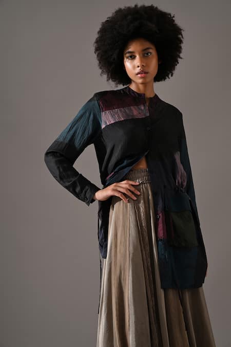 Buy_Medha_Black Silk Patchwork, Lace Mandarin Collar Tie Dye Tunic And Flared Skirt Set 