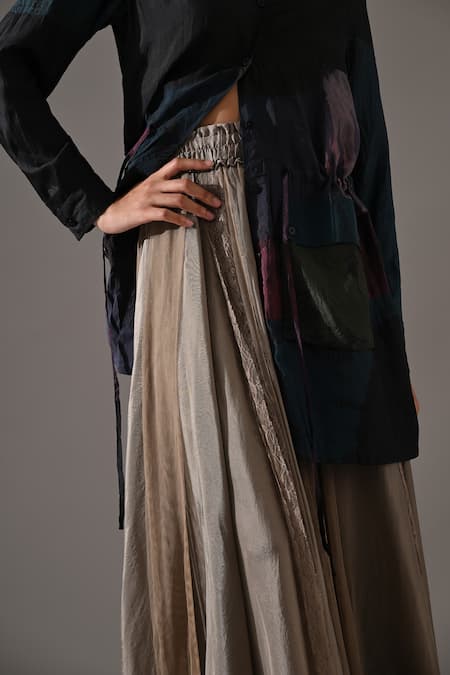 Shop_Medha_Black Silk Patchwork, Lace Mandarin Collar Tie Dye Tunic And Flared Skirt Set 