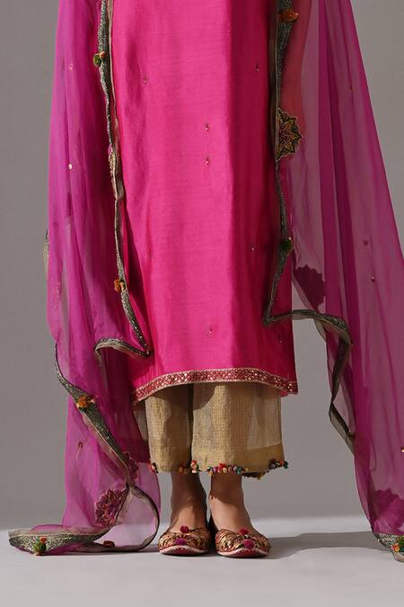Shop_Medha_Pink , Tissue, Organza Embroidery, Beads, Pom-poms Hand Kurta Set _Online_at_Aza_Fashions
