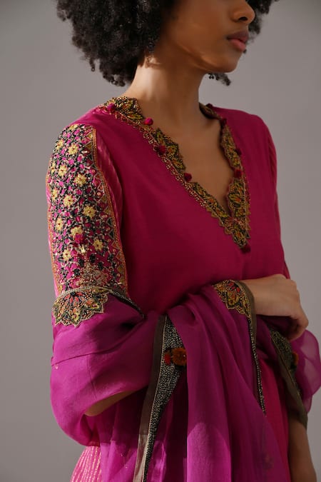 Medha_Pink , Tissue, Organza Embroidery, Beads, Pom-poms Hand Kurta Set _at_Aza_Fashions