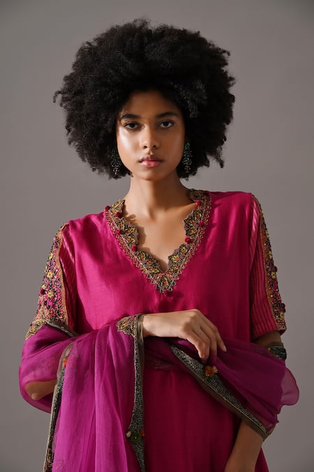 Buy_Medha_Pink , Tissue, Organza Embroidery, Beads, Pom-poms Hand Kurta Set 