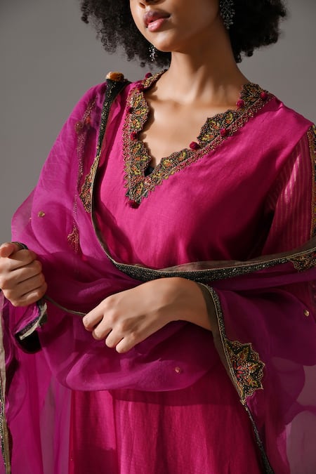 Shop_Medha_Pink , Tissue, Organza Embroidery, Beads, Pom-poms Hand Kurta Set 