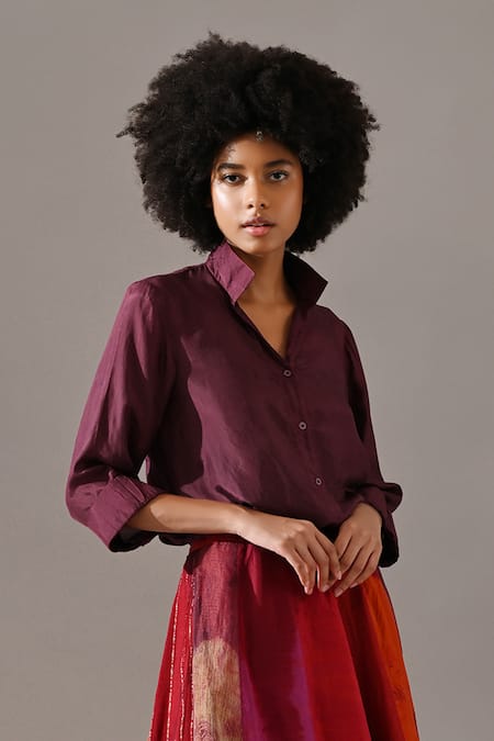 Medha Maroon Silk Patchwork Collared Tie-dyed Shirt And Skirt Set Online at Aza Fashions Medha_Maroon Silk Patchwork Collared Tie-dyed Shirt And Skirt Set _Online_at_Aza_Fashions