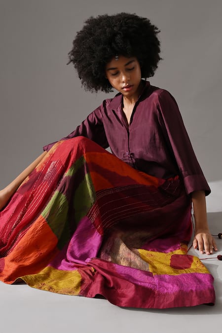 Shop Medha Maroon Silk Patchwork Collared Tie-dyed Shirt And Skirt Set Online at Aza Fashions Shop_Medha_Maroon Silk Patchwork Collared Tie-dyed Shirt And Skirt Set _Online_at_Aza_Fashions