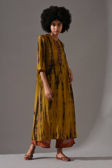 Shop_Medha_Yellow Silk, Tissue Embroidery, Beads, Tassels Round Tie Dyed Tunic And Pant Set _Online_at_Aza_Fashions