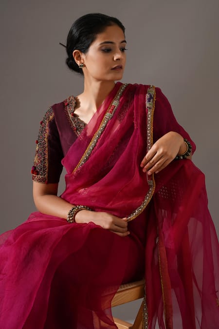 Medha_Pink Organza, Sequins, Beads, Embroidery, Hand Saree With Blouse _Online_at_Aza_Fashions