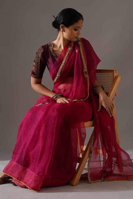 Buy_Medha_Pink Organza, Sequins, Beads, Embroidery, Hand Saree With Blouse _Online_at_Aza_Fashions
