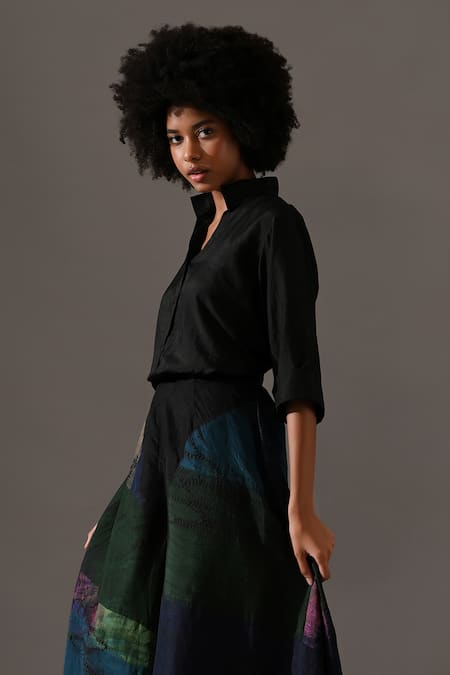 Medha_Black Silk Patchwork Mandarin Collar Tie Dye Shirt And Palazzo Set _Online_at_Aza_Fashions