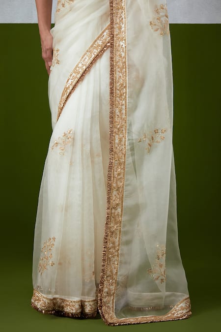 Ikshita Choudhary_White Organza, Chanderi Silk, Satin Embroidery, Zari, Hand Saree With Blouse _Online_at_Aza_Fashions