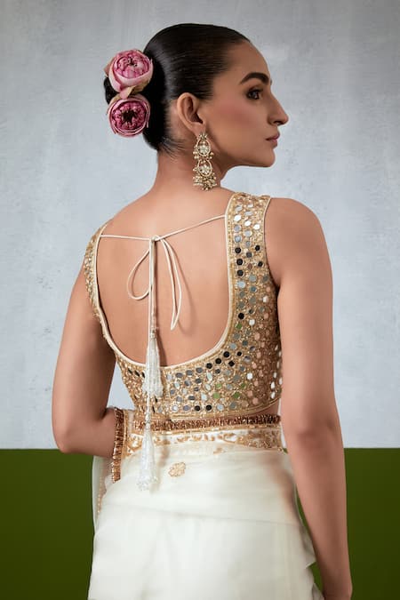 Buy_Ikshita Choudhary_White Organza, Chanderi Silk, Satin Embroidery, Zari, Hand Saree With Blouse _Online_at_Aza_Fashions