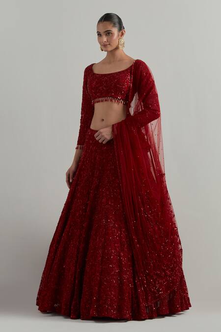 Ikshita Choudhary Red Net Embroidery, Sequins, Tassels, Beads Square Hand Bridal Lehenga Set Online at Aza Fashions Ikshita Choudhary_Red Net Embroidery, Sequins, Tassels, Beads Square Hand Bridal Lehenga Set _Online_at_Aza_Fashions