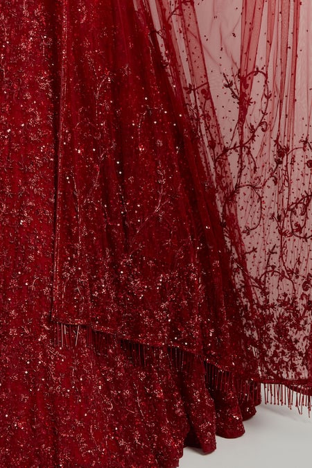 Ikshita Choudhary Red Net Embroidery, Sequins, Tassels, Beads Square Hand Bridal Lehenga Set at Aza Fashions Ikshita Choudhary_Red Net Embroidery, Sequins, Tassels, Beads Square Hand Bridal Lehenga Set _at_Aza_Fashions