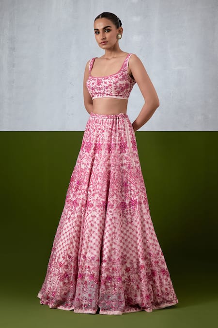 Ikshita Choudhary_Pink Organza Embroidery, Sequins Square Neck Hand Lehenga Set _Online_at_Aza_Fashions