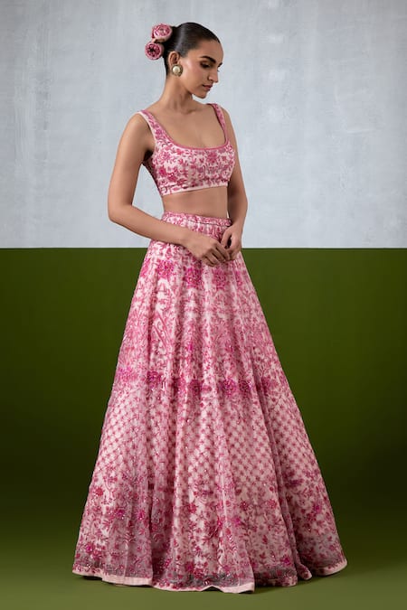 Shop_Ikshita Choudhary_Pink Organza Embroidery, Sequins Square Neck Hand Lehenga Set _Online_at_Aza_Fashions