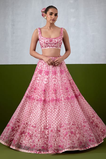 Ikshita Choudhary_Pink Organza Embroidery, Sequins Square Neck Hand Lehenga Set _at_Aza_Fashions
