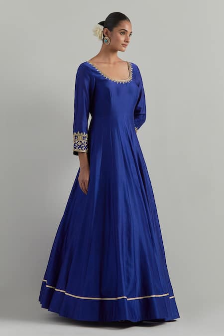 Ikshita Choudhary_Blue Chanderi, Organza Embroidery, Piping, Sequins Hand Anarkali With Dupatta _Online_at_Aza_Fashions