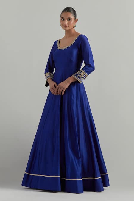 Buy_Ikshita Choudhary_Blue Chanderi, Organza Embroidery, Piping, Sequins Hand Anarkali With Dupatta _Online_at_Aza_Fashions