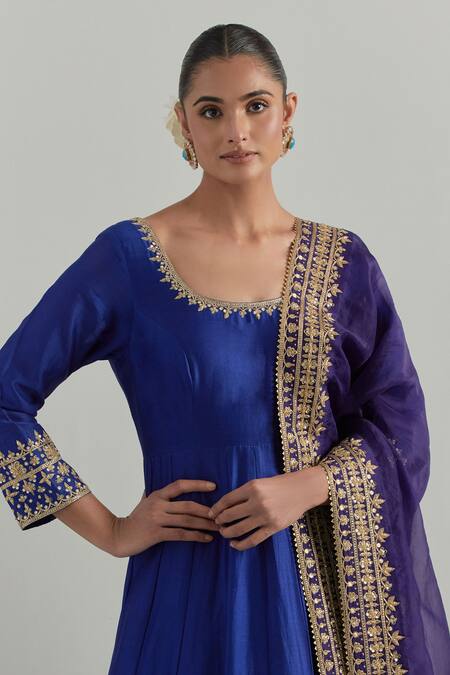 Shop_Ikshita Choudhary_Blue Chanderi, Organza Embroidery, Piping, Sequins Hand Anarkali With Dupatta _Online_at_Aza_Fashions