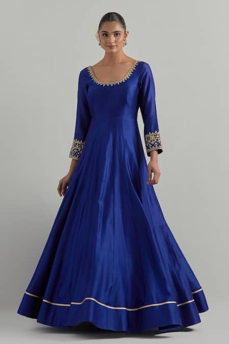 Ikshita Choudhary_Blue Chanderi, Organza Embroidery, Piping, Sequins Hand Anarkali With Dupatta _at_Aza_Fashions