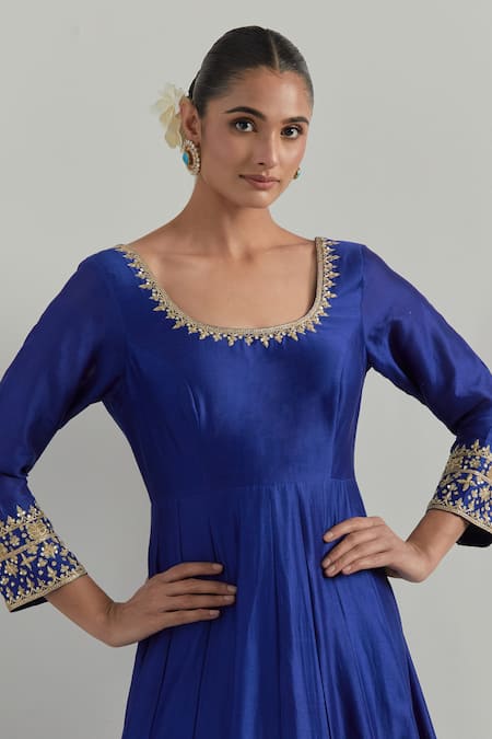 Buy_Ikshita Choudhary_Blue Chanderi, Organza Embroidery, Piping, Sequins Hand Anarkali With Dupatta 