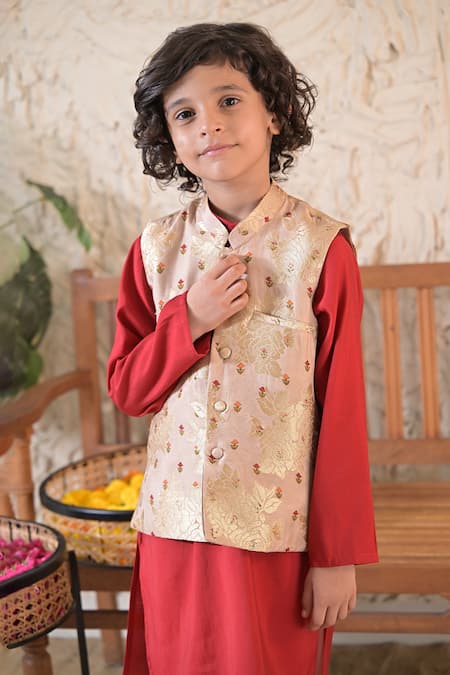 The Plum Bum_Gold Silk, Muslin, Cotton Embroidery Floral Pattern Nehru Jacket And Kurta Set _Online_at_Aza_Fashions