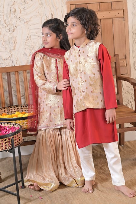 Shop_The Plum Bum_Gold Silk, Muslin, Cotton Embroidery Floral Pattern Nehru Jacket And Kurta Set _Online_at_Aza_Fashions