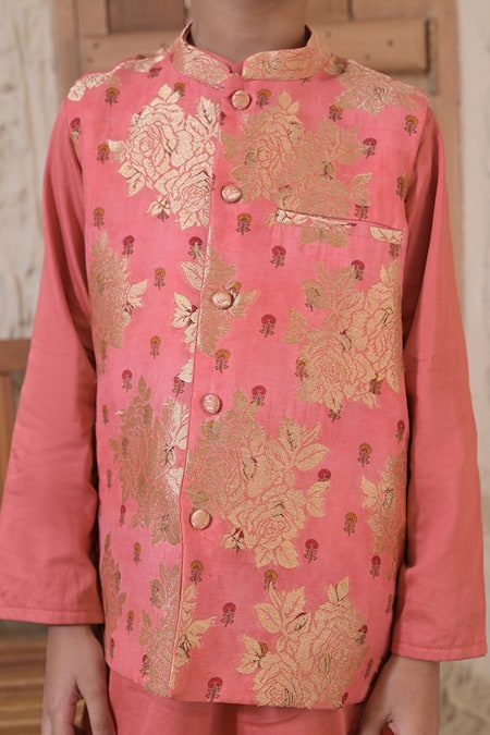 The Plum Bum_Pink Silk, Muslin, Cotton Floral Pattern Nehru Jacket And Kurta Set _Online_at_Aza_Fashions