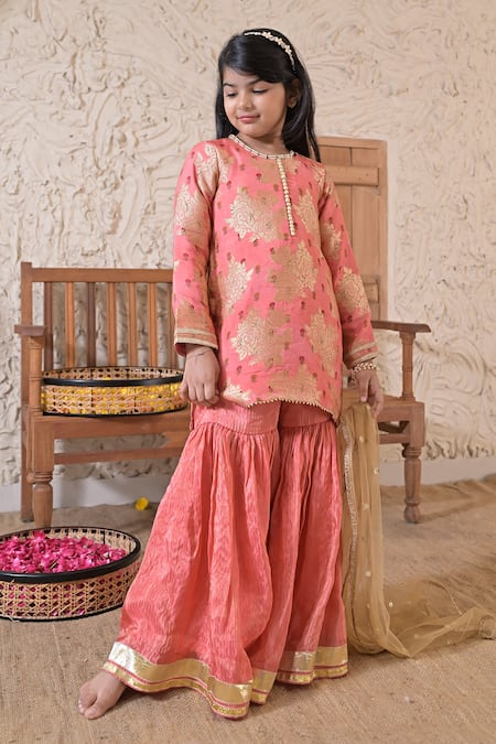 Buy_The Plum Bum_Pink Silk, Tissue, Net Embroidery, Gota Patti, Floral Pattern Kurta Sharara Set _Online_at_Aza_Fashions