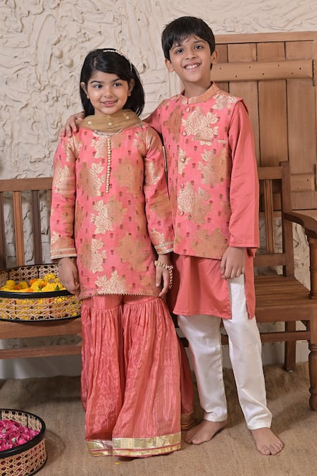 Shop_The Plum Bum_Pink Silk, Tissue, Net Embroidery, Gota Patti, Floral Pattern Kurta Sharara Set _Online_at_Aza_Fashions
