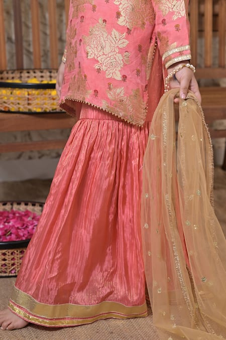 The Plum Bum_Pink Silk, Tissue, Net Embroidery, Gota Patti, Floral Pattern Kurta Sharara Set _at_Aza_Fashions