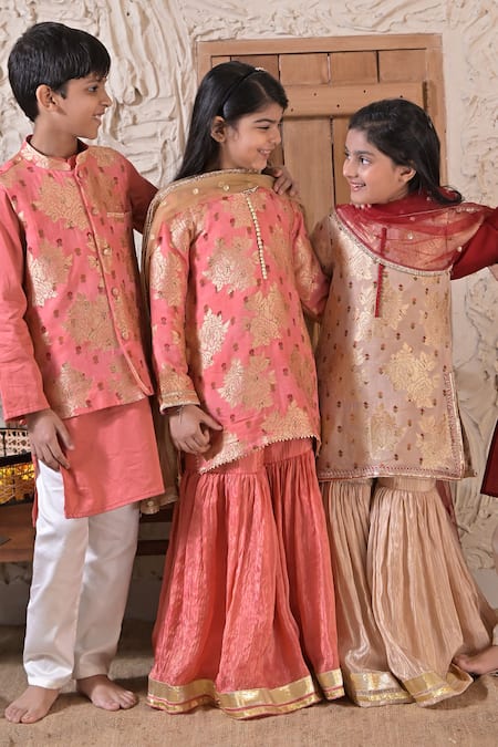 Buy_The Plum Bum_Pink Silk, Tissue, Net Embroidery, Gota Patti, Floral Pattern Kurta Sharara Set 