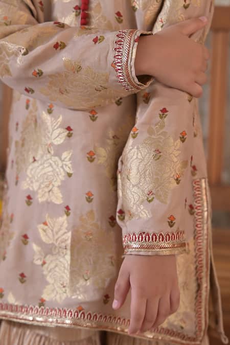 The Plum Bum_Beige Silk, Tissue, Net Gota Patti, Beads, Lace Floral Pattern Kurta Sharara Set _Online_at_Aza_Fashions