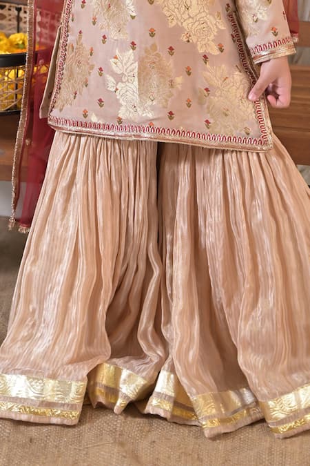 Shop_The Plum Bum_Beige Silk, Tissue, Net Gota Patti, Beads, Lace Floral Pattern Kurta Sharara Set _Online_at_Aza_Fashions