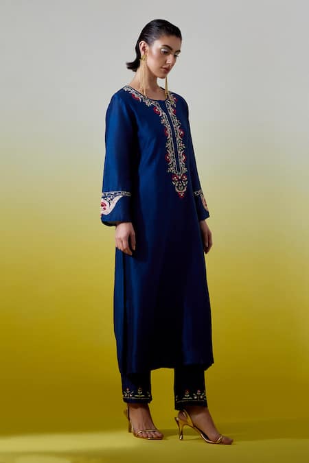 Shop Anantaa By Roohi Blue Chanderi Silk Embroidery, Sequins Round Neck Kurta With Pant Online at Aza Fashions Shop_Anantaa By Roohi_Blue Chanderi Silk Embroidery, Sequins Round Neck Kurta With Pant _Online_at_Aza_Fashions