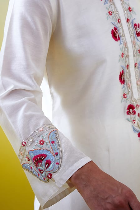 Shop_Anantaa By Roohi_Off White Chanderi Silk Sequins, Embroidery Round Neck Kurta With Pant _Online_at_Aza_Fashions