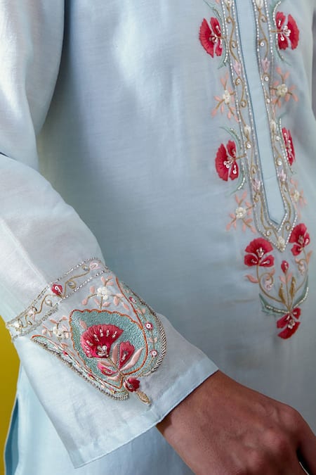 Anantaa By Roohi_Blue Chanderi Silk Sequins, Embroidery Round Neck, Split Kurta With Pant _Online_at_Aza_Fashions