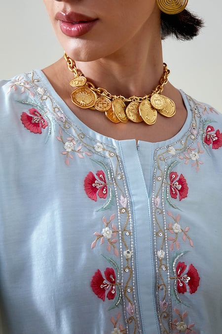 Buy_Anantaa By Roohi_Blue Chanderi Silk Sequins, Embroidery Round Neck, Split Kurta With Pant _Online_at_Aza_Fashions