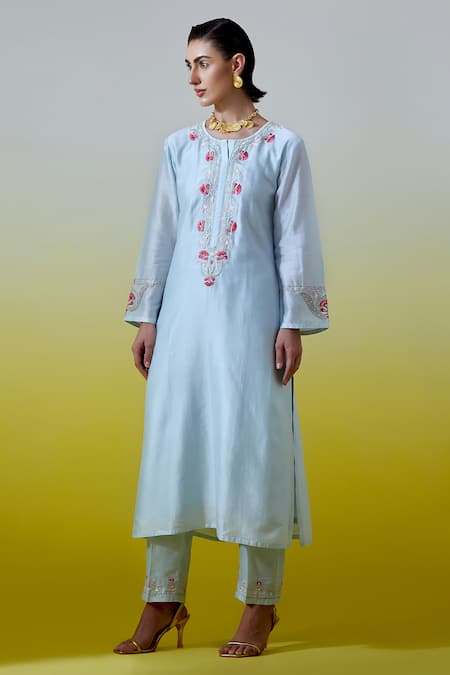 Shop_Anantaa By Roohi_Blue Chanderi Silk Sequins, Embroidery Round Neck, Split Kurta With Pant _Online_at_Aza_Fashions