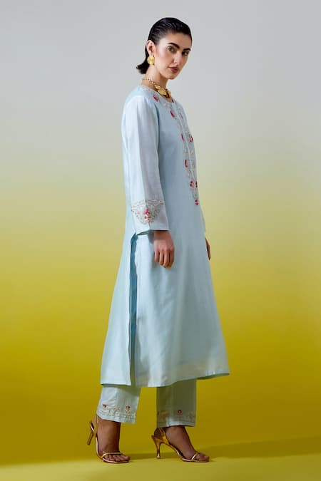 Anantaa By Roohi_Blue Chanderi Silk Sequins, Embroidery Round Neck, Split Kurta With Pant _at_Aza_Fashions