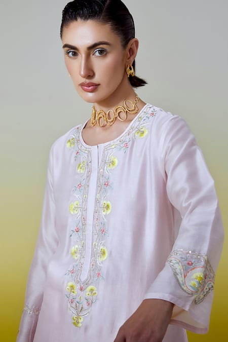 Shop Anantaa By Roohi Pink Chanderi Silk Embroidery, Sequins Round Neck Kurta And Pant Set Online at Aza Fashions Shop_Anantaa By Roohi_Pink Chanderi Silk Embroidery, Sequins Round Neck Kurta And Pant Set _Online_at_Aza_Fashions